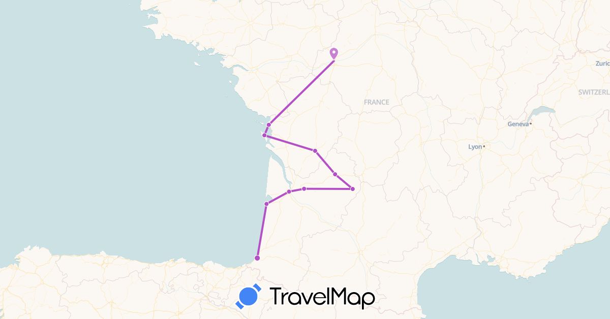 TravelMap itinerary: driving, train in France (Europe)
